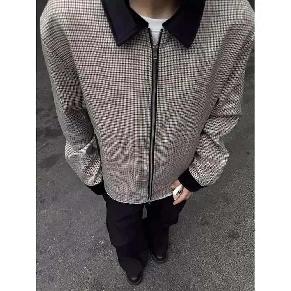 Aidase American Retro Color-blocked Houndstooth Short Coat Men Trendy Spring Autumn Y2K High End Handsome Small Fragrant Apel Jacket