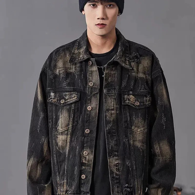 Aidase Hip Hop High Street Mens Denim Jacket Tear Open Hole Graffiti Punk Trend Cowboy Outwear Lapel Y2k Harajuku 2024 New Coats Male