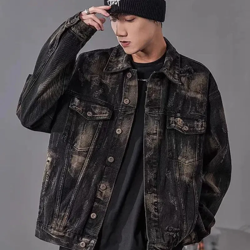 Aidase Hip Hop High Street Mens Denim Jacket Tear Open Hole Graffiti Punk Trend Cowboy Outwear Lapel Y2k Harajuku 2024 New Coats Male
