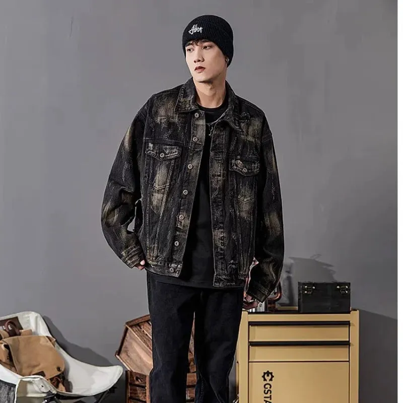 Aidase Hip Hop High Street Mens Denim Jacket Tear Open Hole Graffiti Punk Trend Cowboy Outwear Lapel Y2k Harajuku 2024 New Coats Male