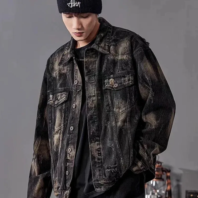 Aidase Hip Hop High Street Mens Denim Jacket Tear Open Hole Graffiti Punk Trend Cowboy Outwear Lapel Y2k Harajuku 2024 New Coats Male