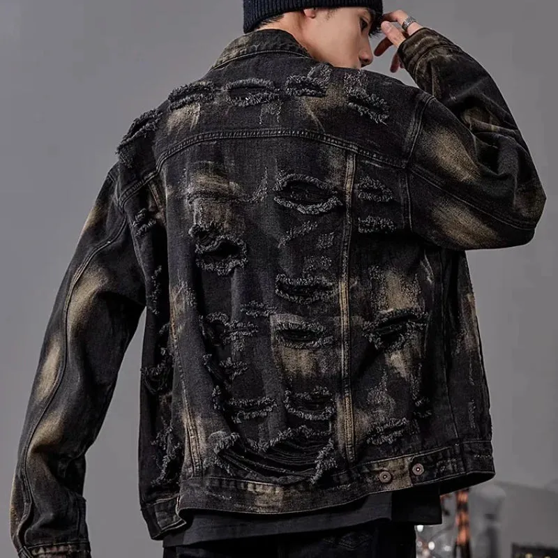 Aidase Hip Hop High Street Mens Denim Jacket Tear Open Hole Graffiti Punk Trend Cowboy Outwear Lapel Y2k Harajuku 2024 New Coats Male