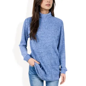 Anna-Kaci Women's Mock Neck Long Sleeve Ribbed Knit Tunic with Front Pockets
