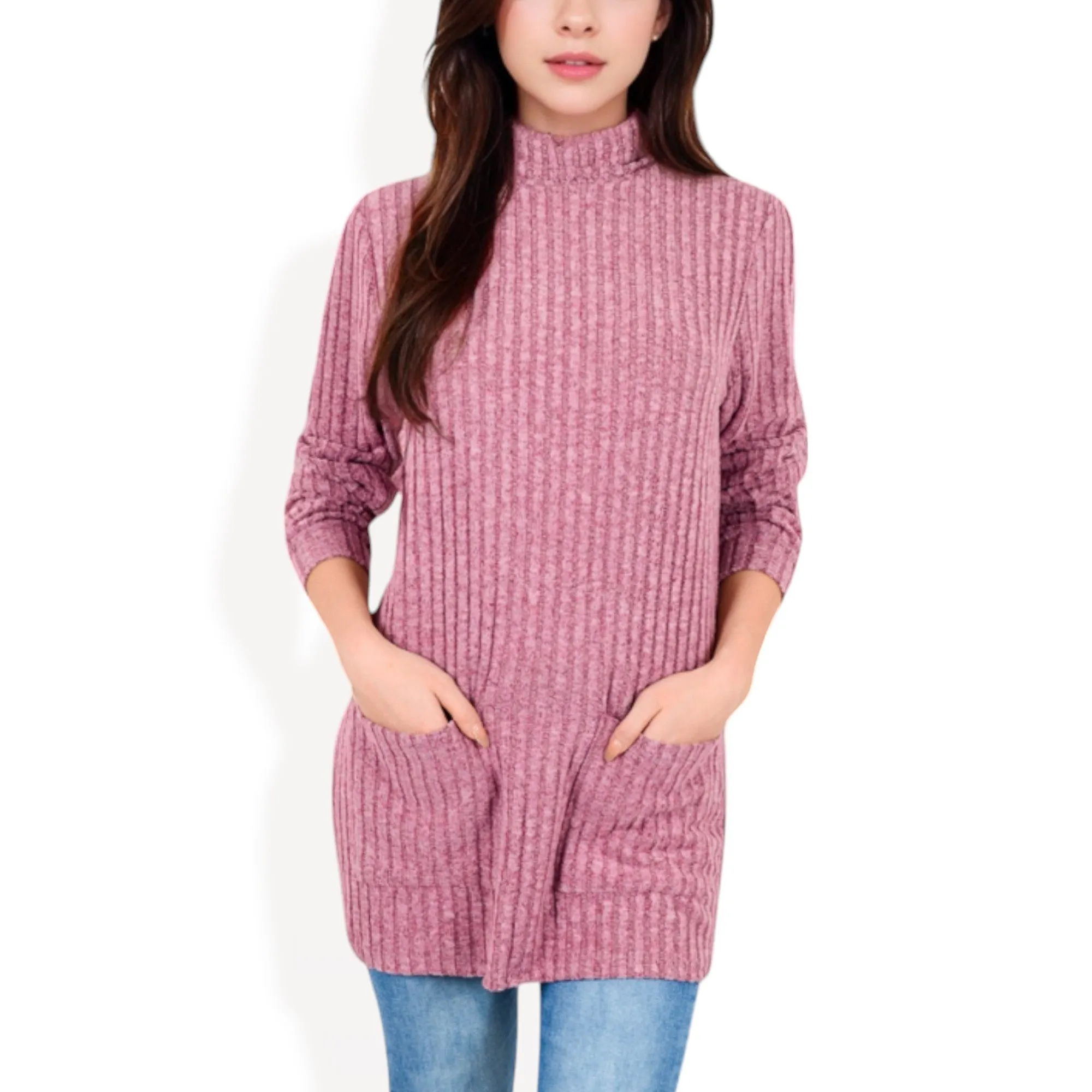 Anna-Kaci Women's Mock Neck Long Sleeve Ribbed Knit Tunic with Front Pockets