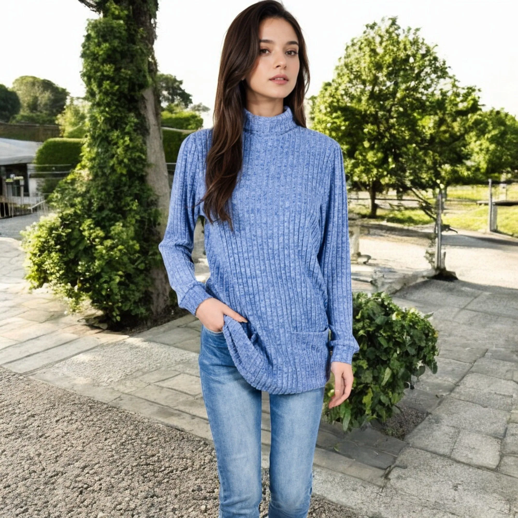 Anna-Kaci Women's Mock Neck Long Sleeve Ribbed Knit Tunic with Front Pockets