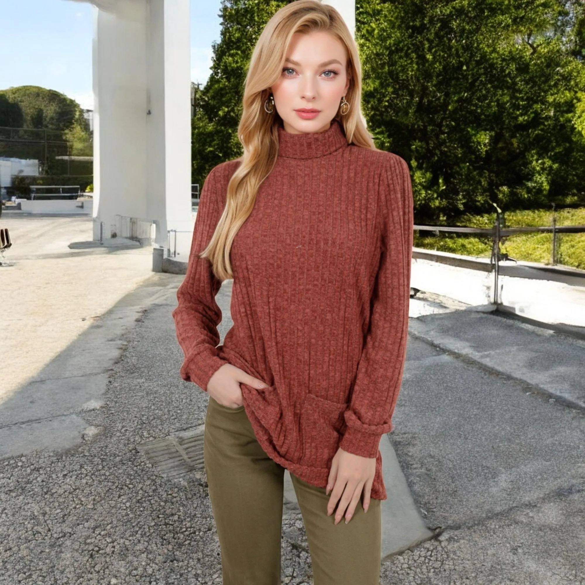 Anna-Kaci Women's Mock Neck Long Sleeve Ribbed Knit Tunic with Front Pockets
