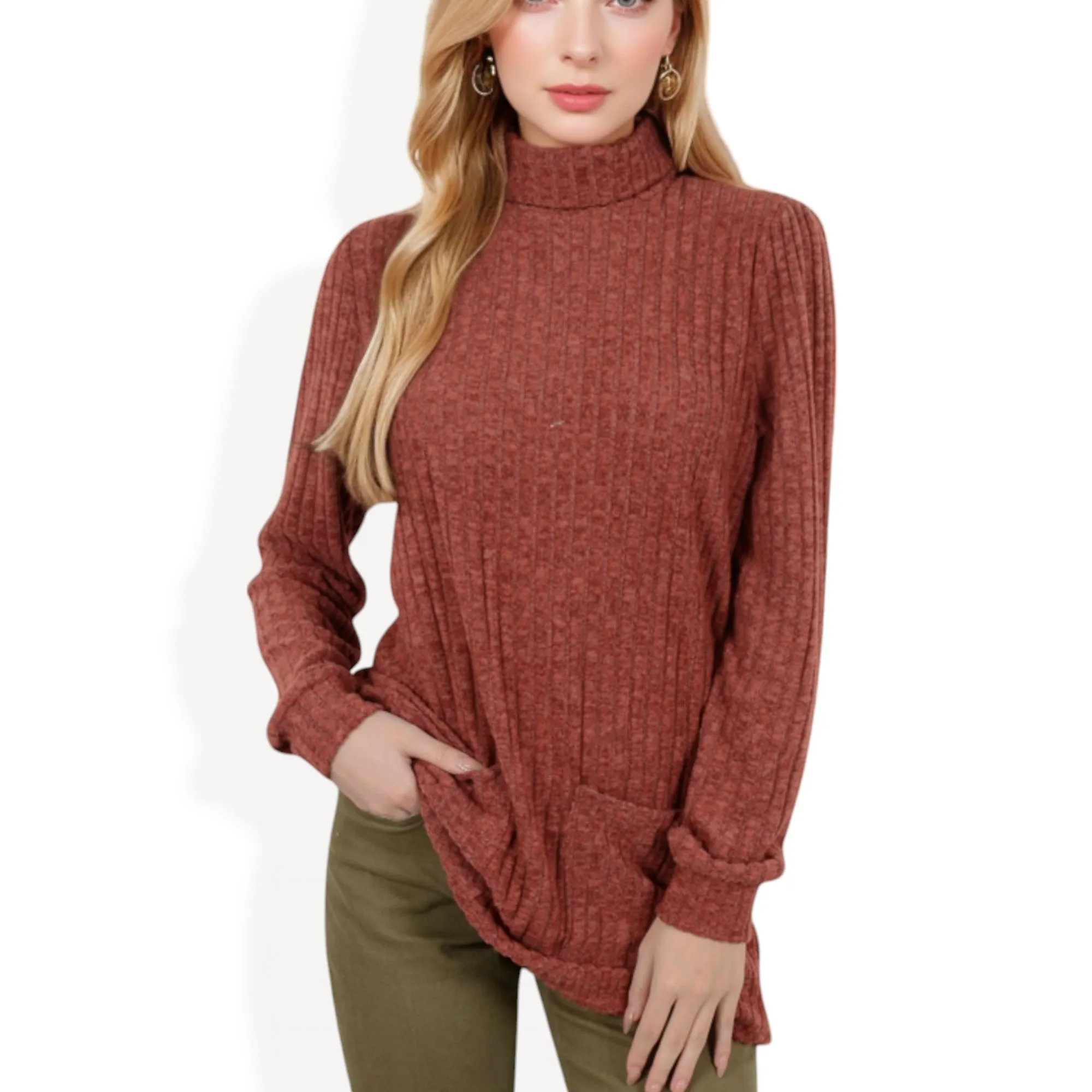 Anna-Kaci Women's Mock Neck Long Sleeve Ribbed Knit Tunic with Front Pockets