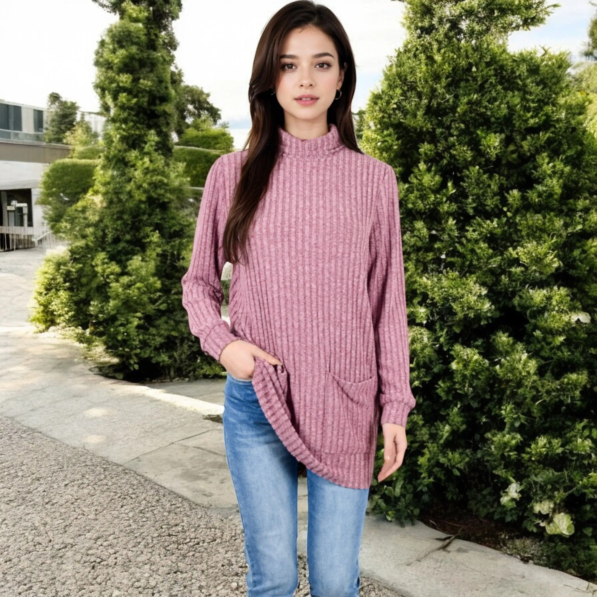 Anna-Kaci Women's Mock Neck Long Sleeve Ribbed Knit Tunic with Front Pockets
