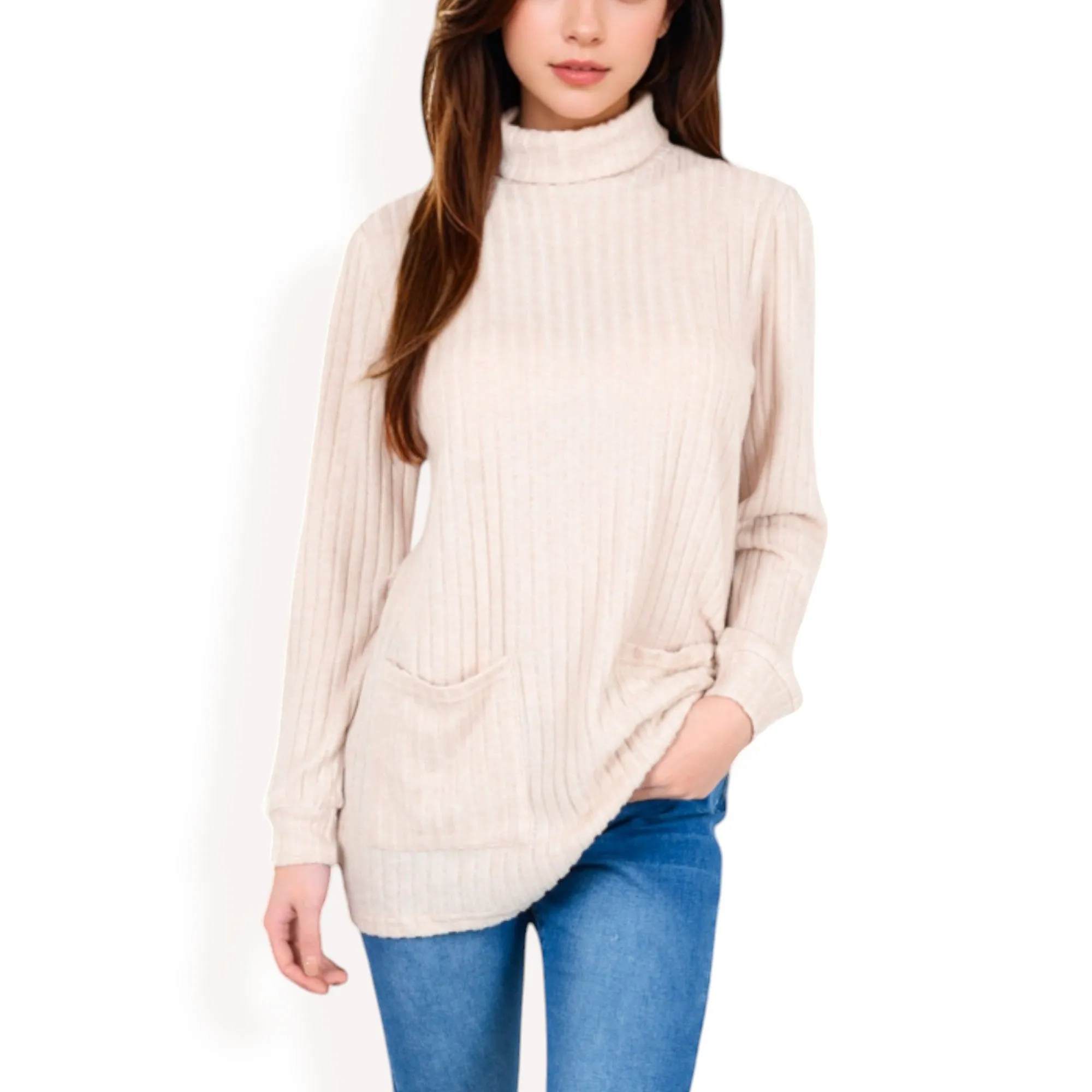Anna-Kaci Women's Mock Neck Long Sleeve Ribbed Knit Tunic with Front Pockets