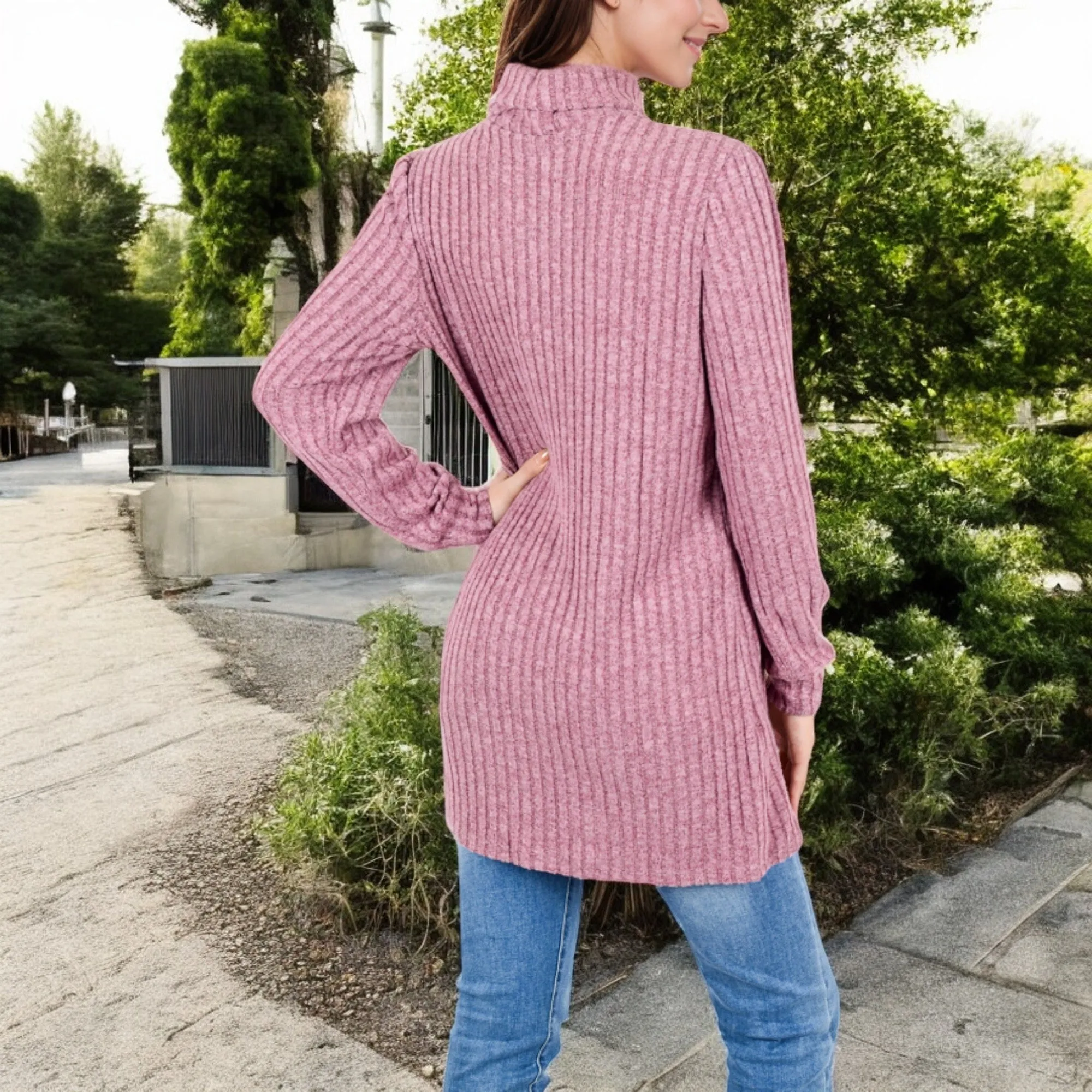 Anna-Kaci Women's Mock Neck Long Sleeve Ribbed Knit Tunic with Front Pockets