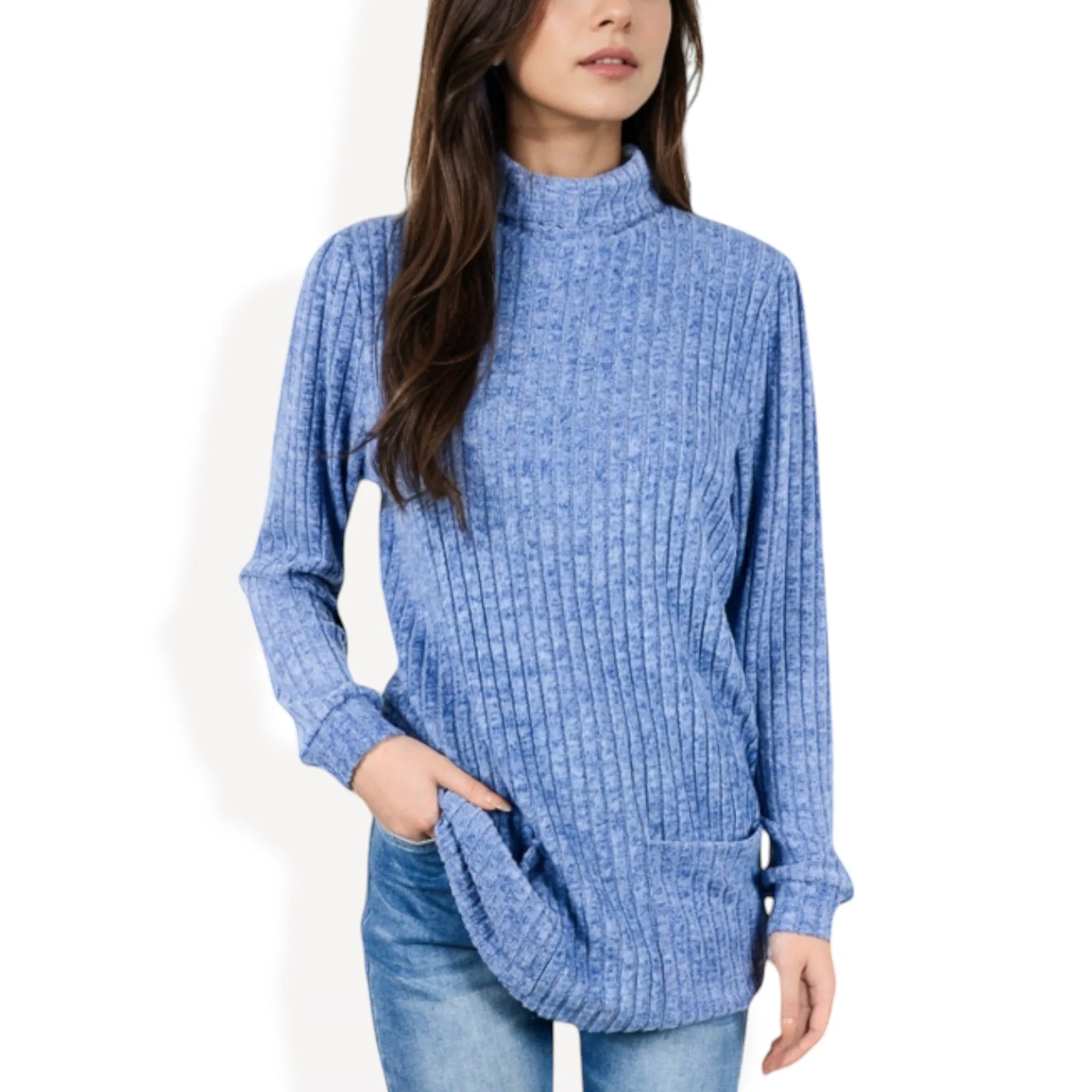 Anna-Kaci Women's Mock Neck Long Sleeve Ribbed Knit Tunic with Front Pockets