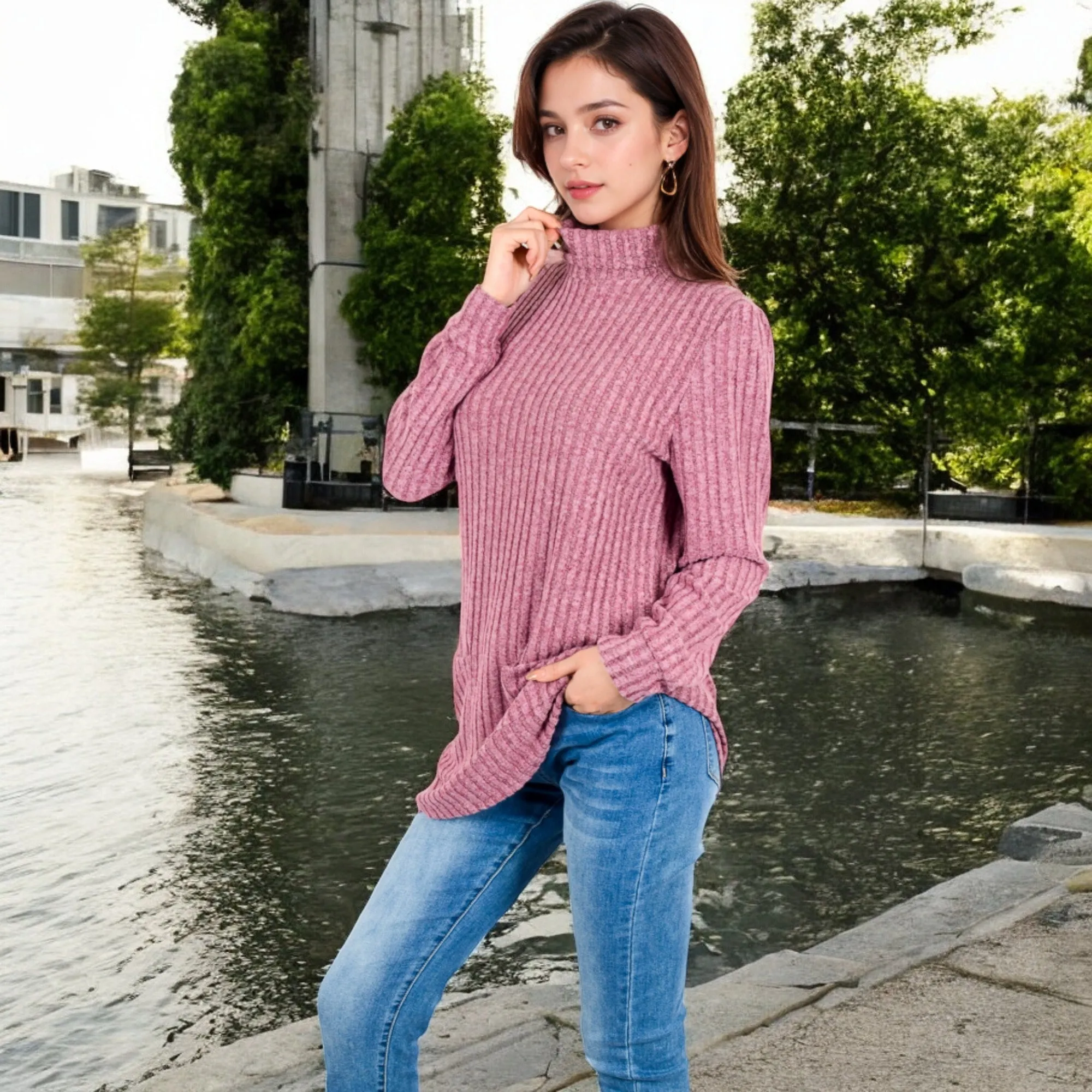 Anna-Kaci Women's Mock Neck Long Sleeve Ribbed Knit Tunic with Front Pockets