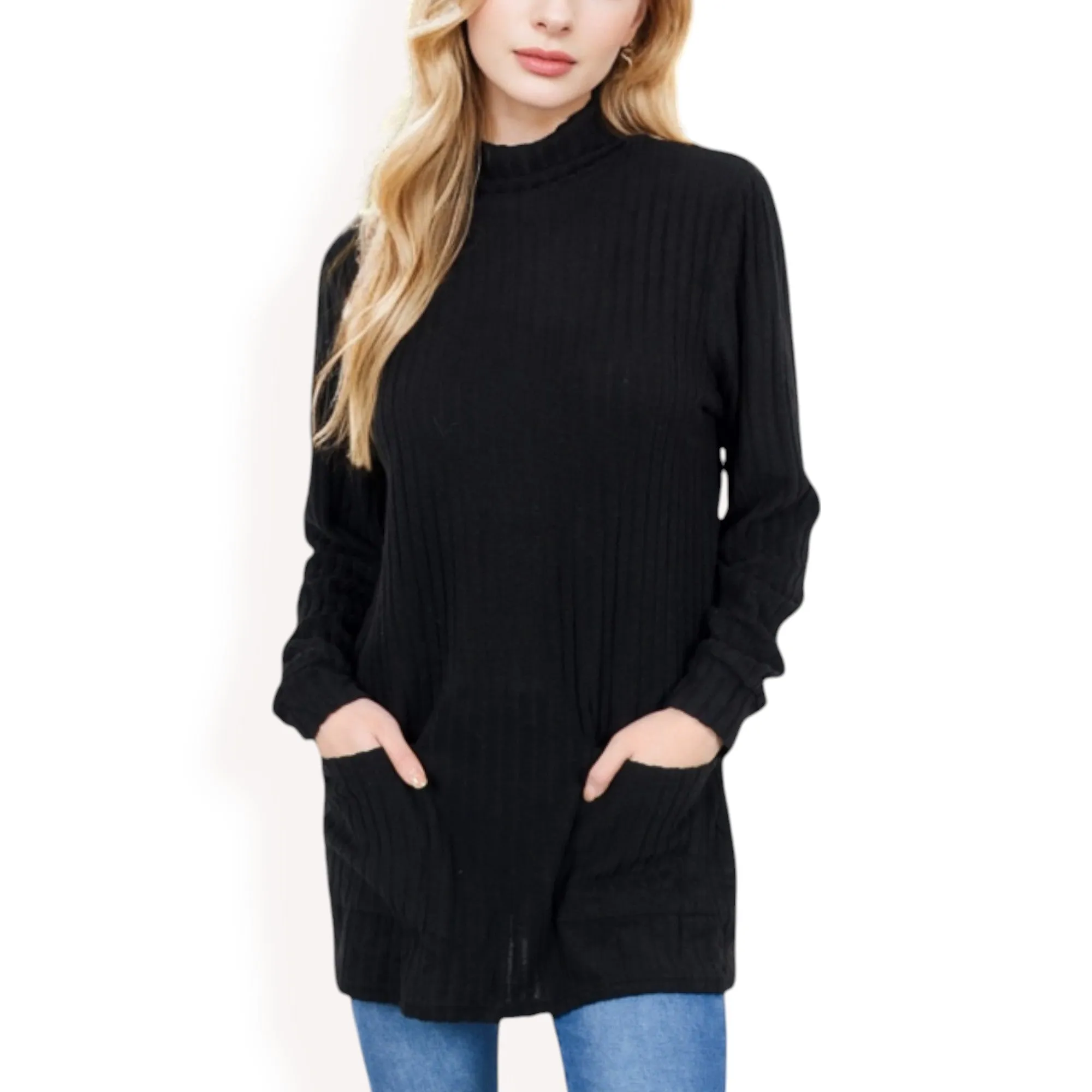Anna-Kaci Women's Mock Neck Long Sleeve Ribbed Knit Tunic with Front Pockets