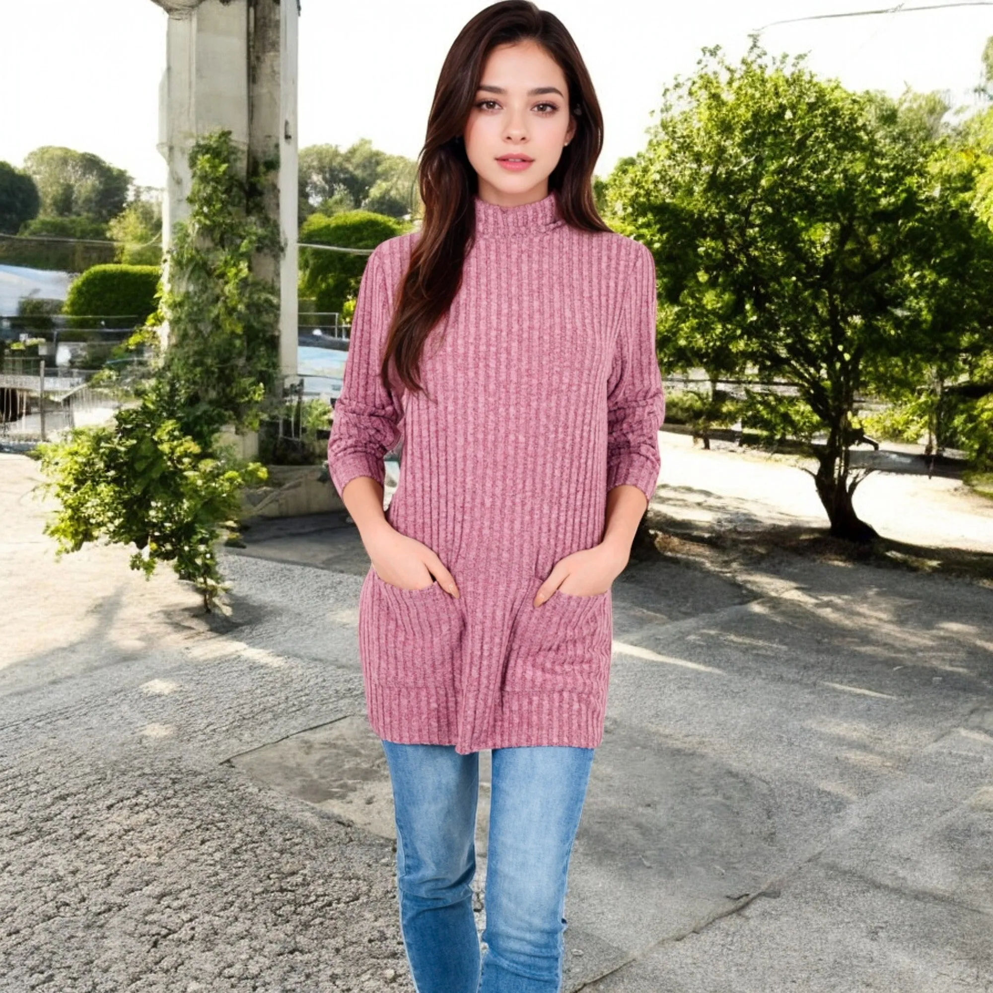 Anna-Kaci Women's Mock Neck Long Sleeve Ribbed Knit Tunic with Front Pockets