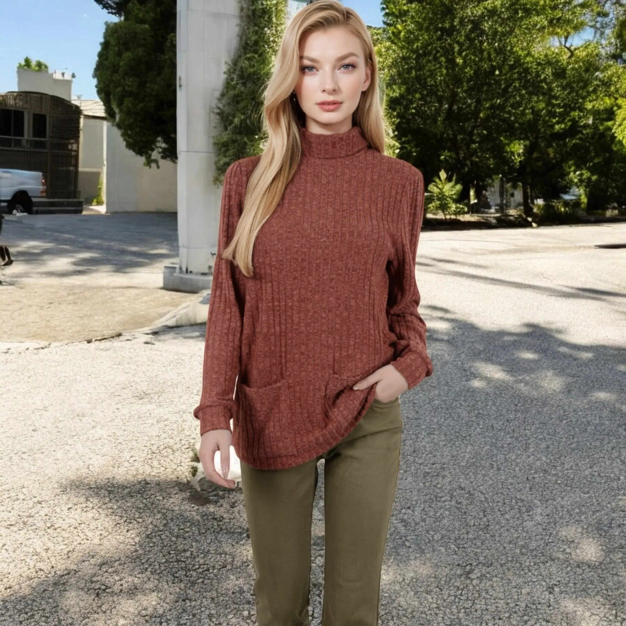 Anna-Kaci Women's Mock Neck Long Sleeve Ribbed Knit Tunic with Front Pockets