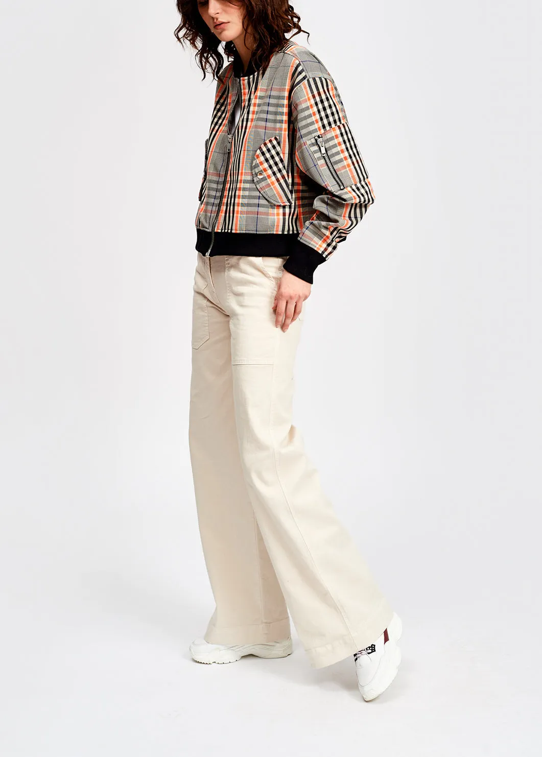 Black and orange plaid bomber jacket