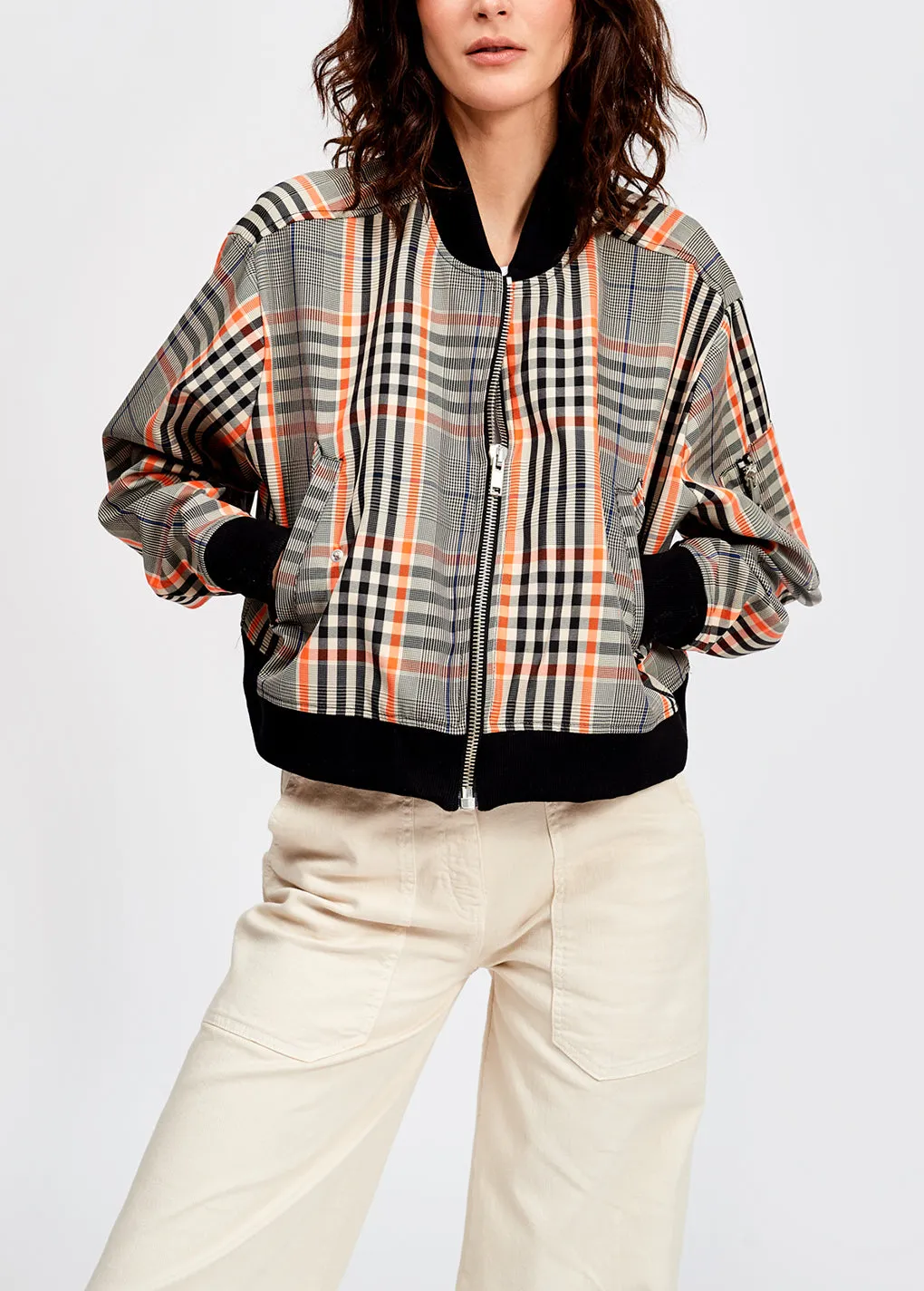 Black and orange plaid bomber jacket