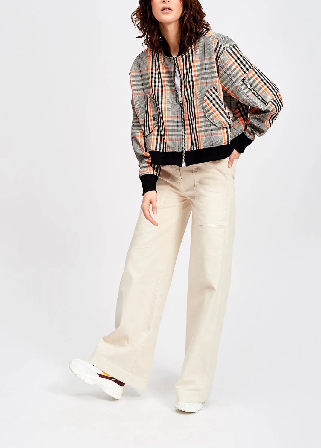 Black and orange plaid bomber jacket
