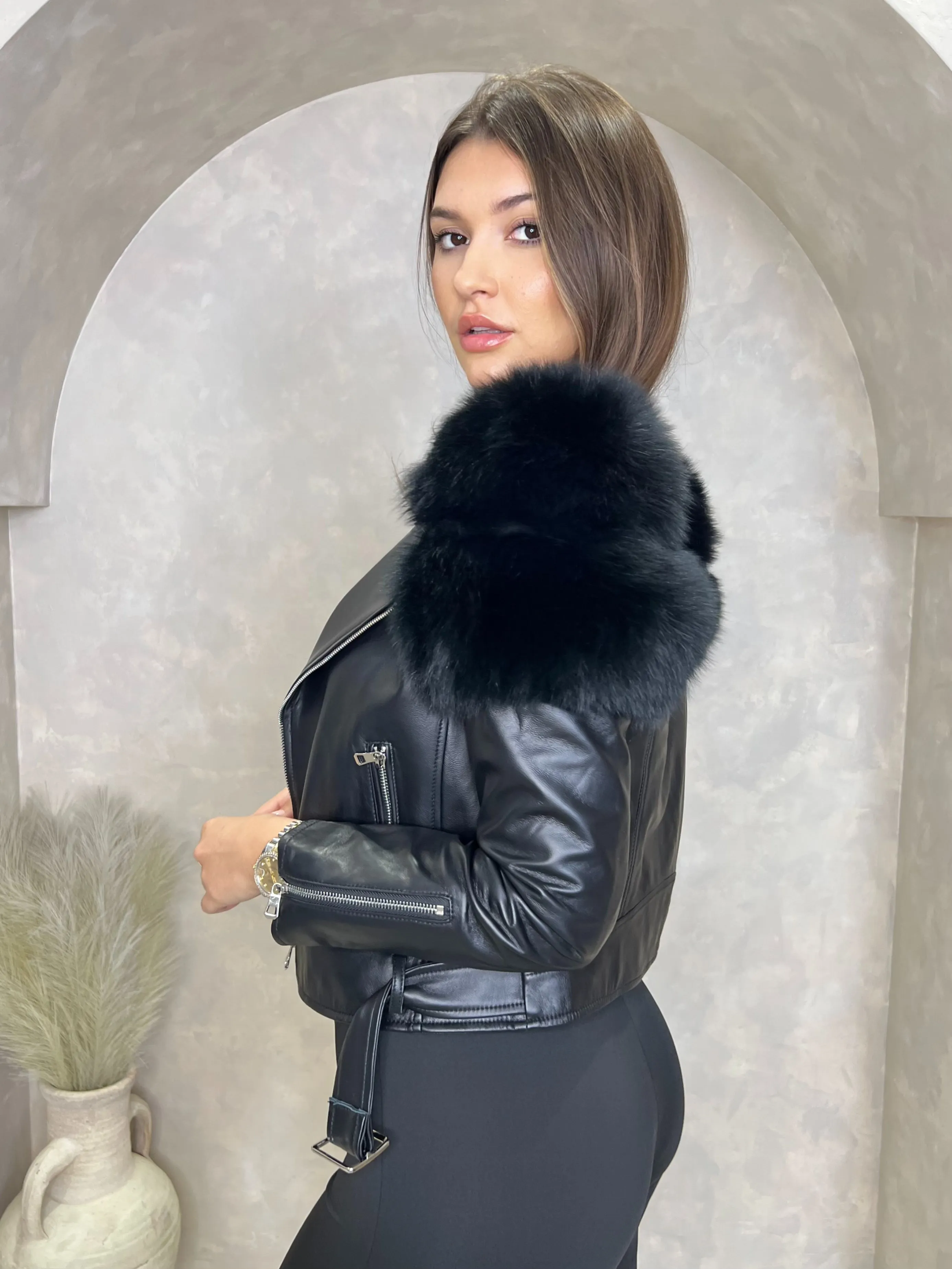 Black/Black Collarless Luxury Fur Biker Jacket