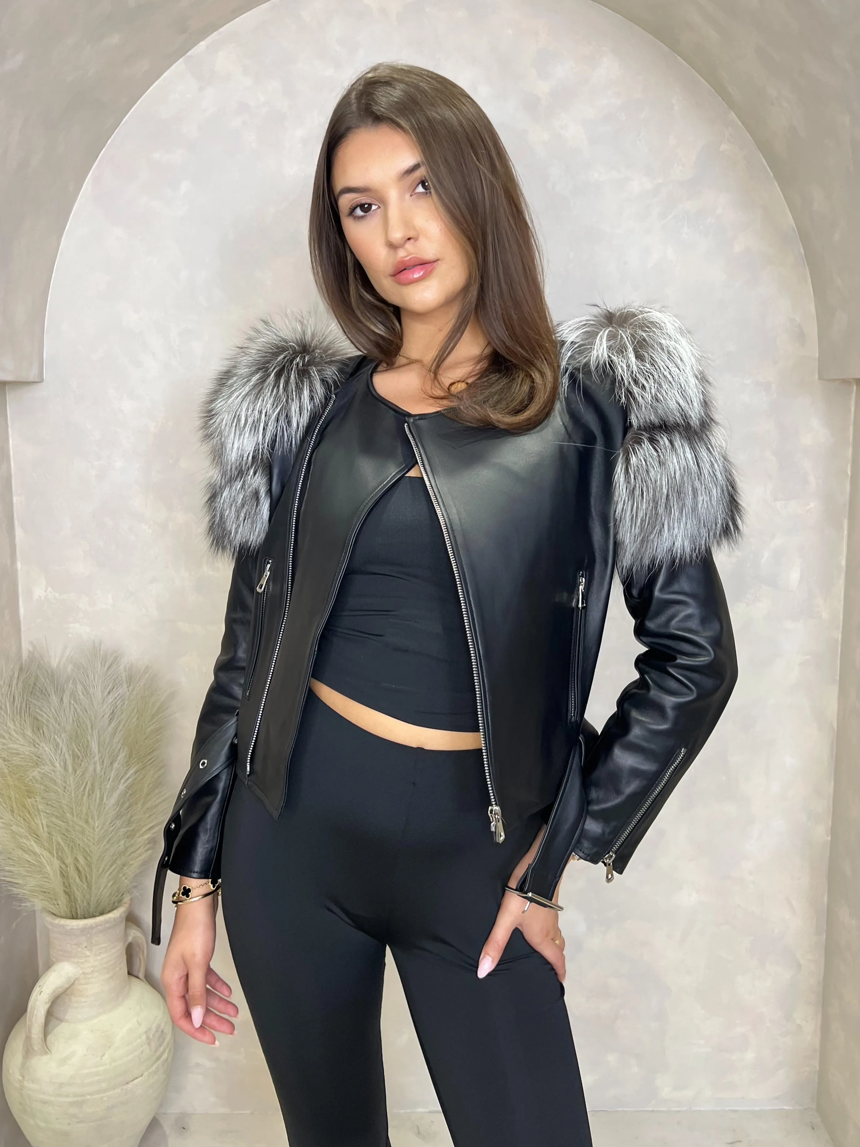 Black/Grey Collarless Luxury Fur Biker Jacket