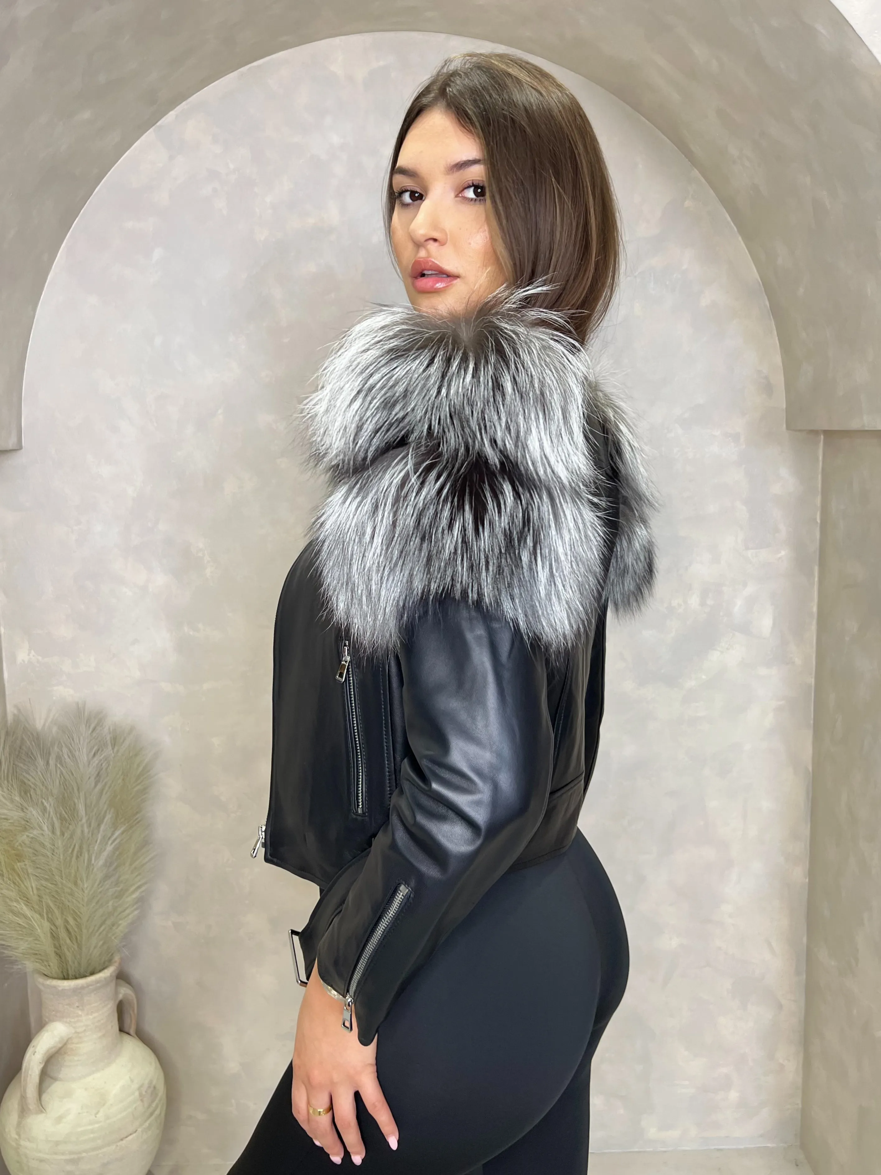 Black/Grey Collarless Luxury Fur Biker Jacket