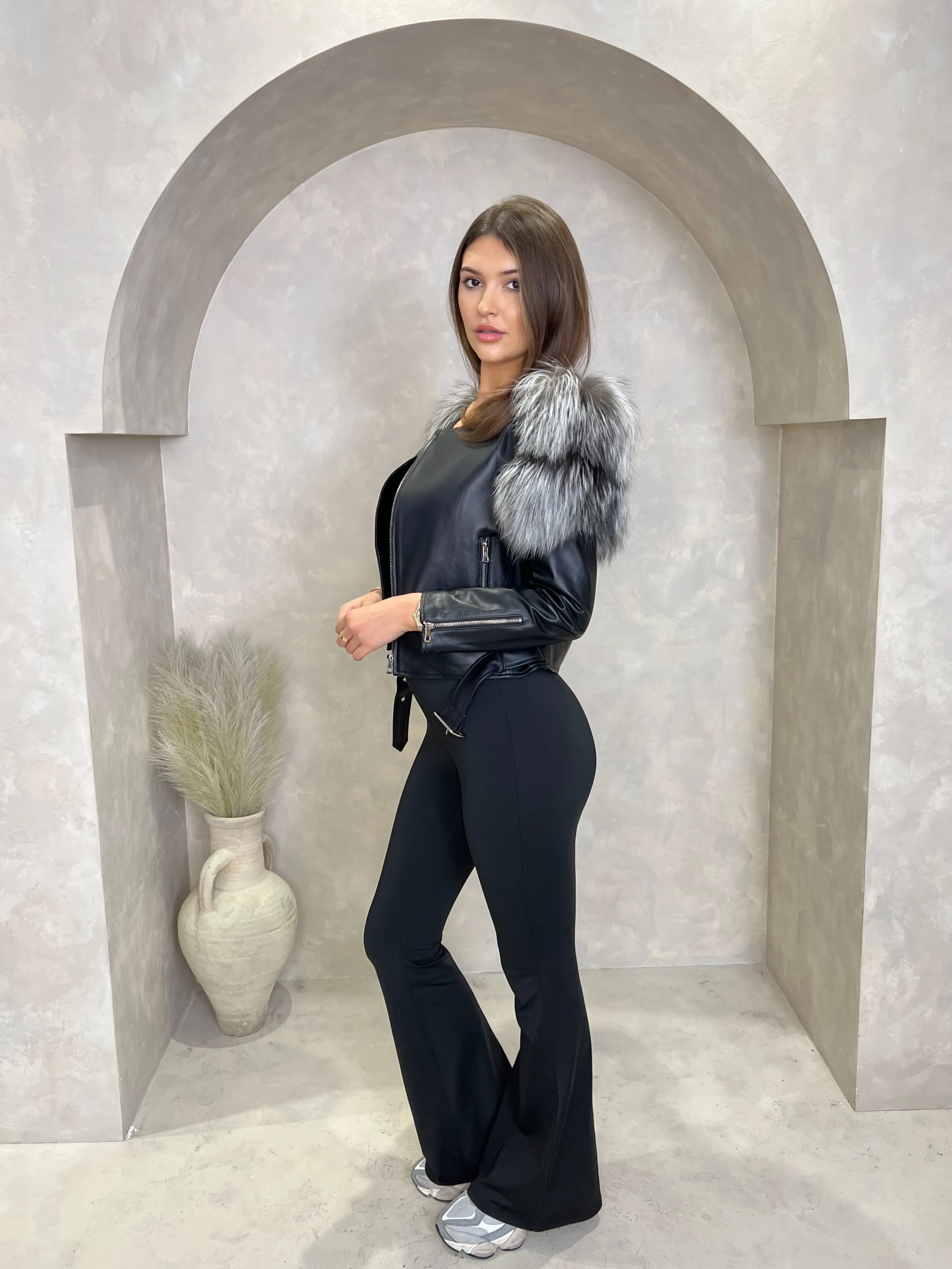 Black/Grey Collarless Luxury Fur Biker Jacket