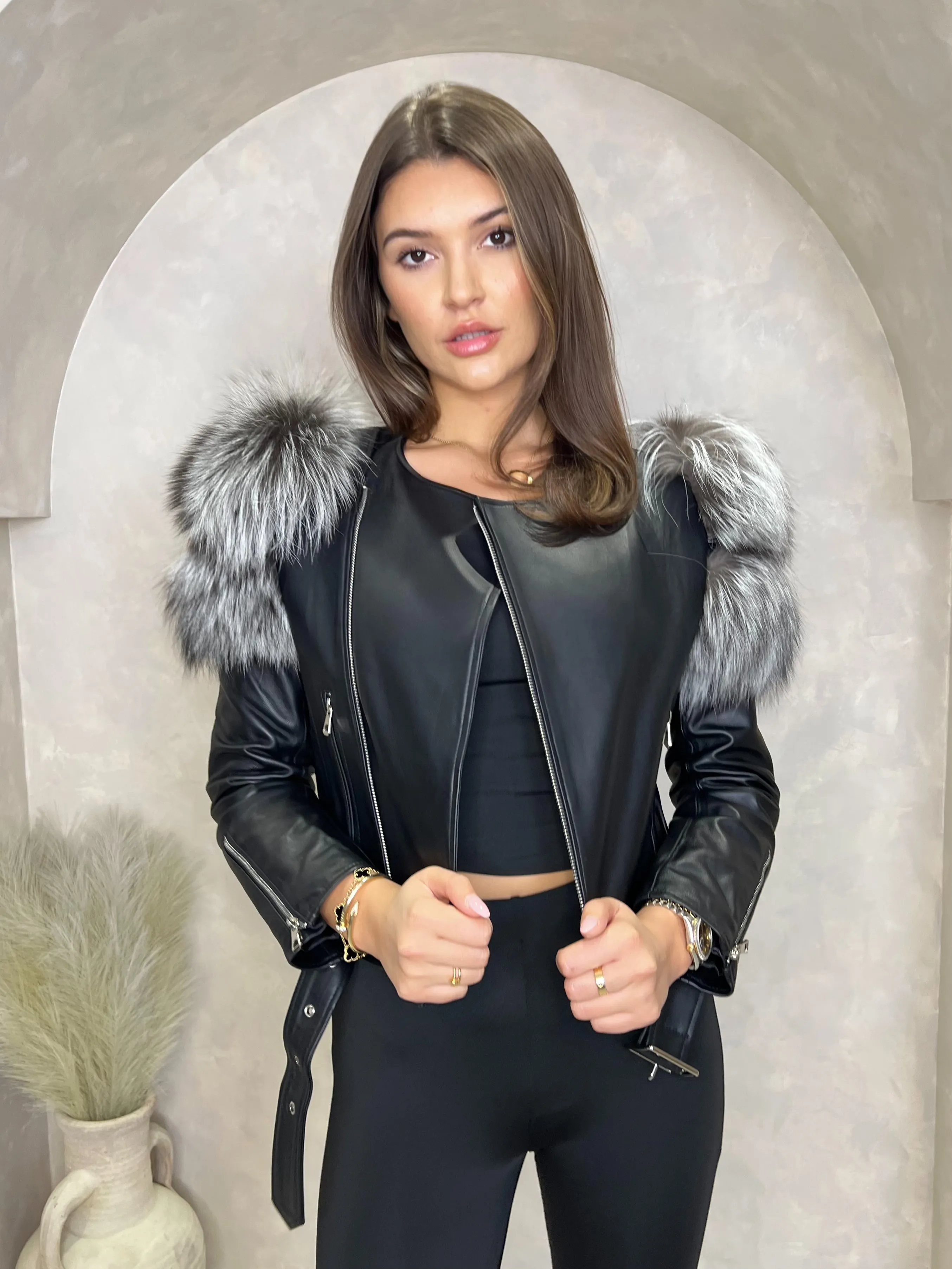 Black/Grey Collarless Luxury Fur Biker Jacket