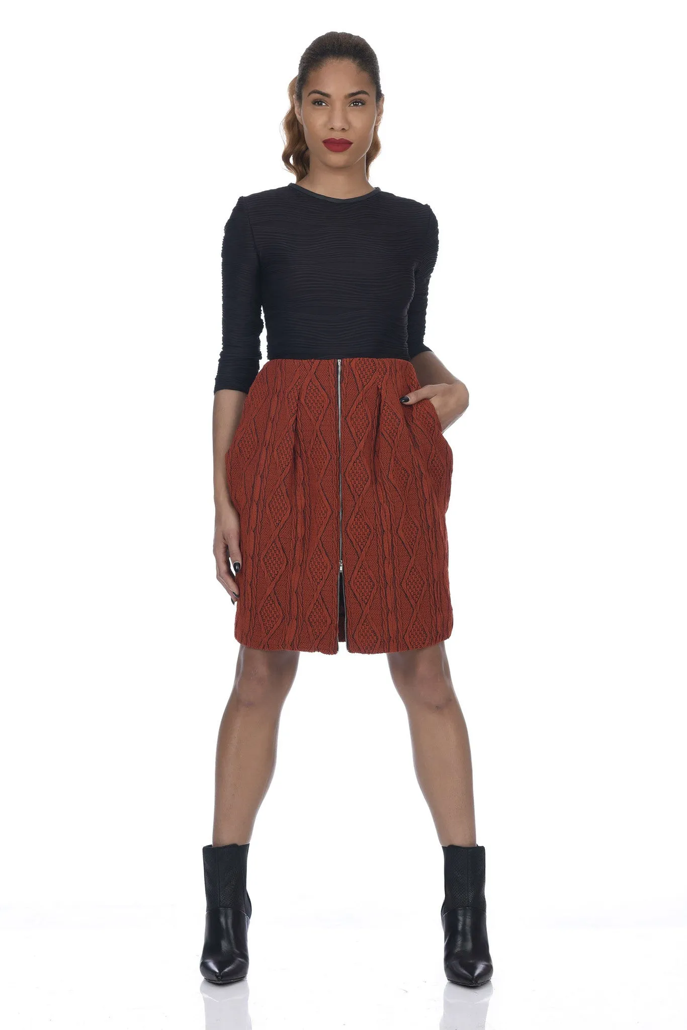Burnt Orange 2-Way Zipper Front Cable Knit Skirt