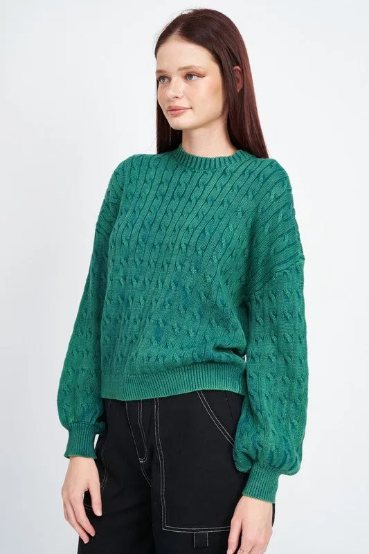 Crew Neck Cable Knit Top with Bubble Sleeves