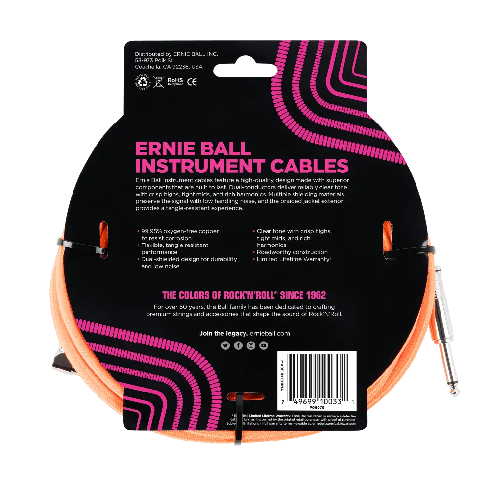 Ernie Ball 10 Braided Straight / Angle Instrument Cable - Neon Orange