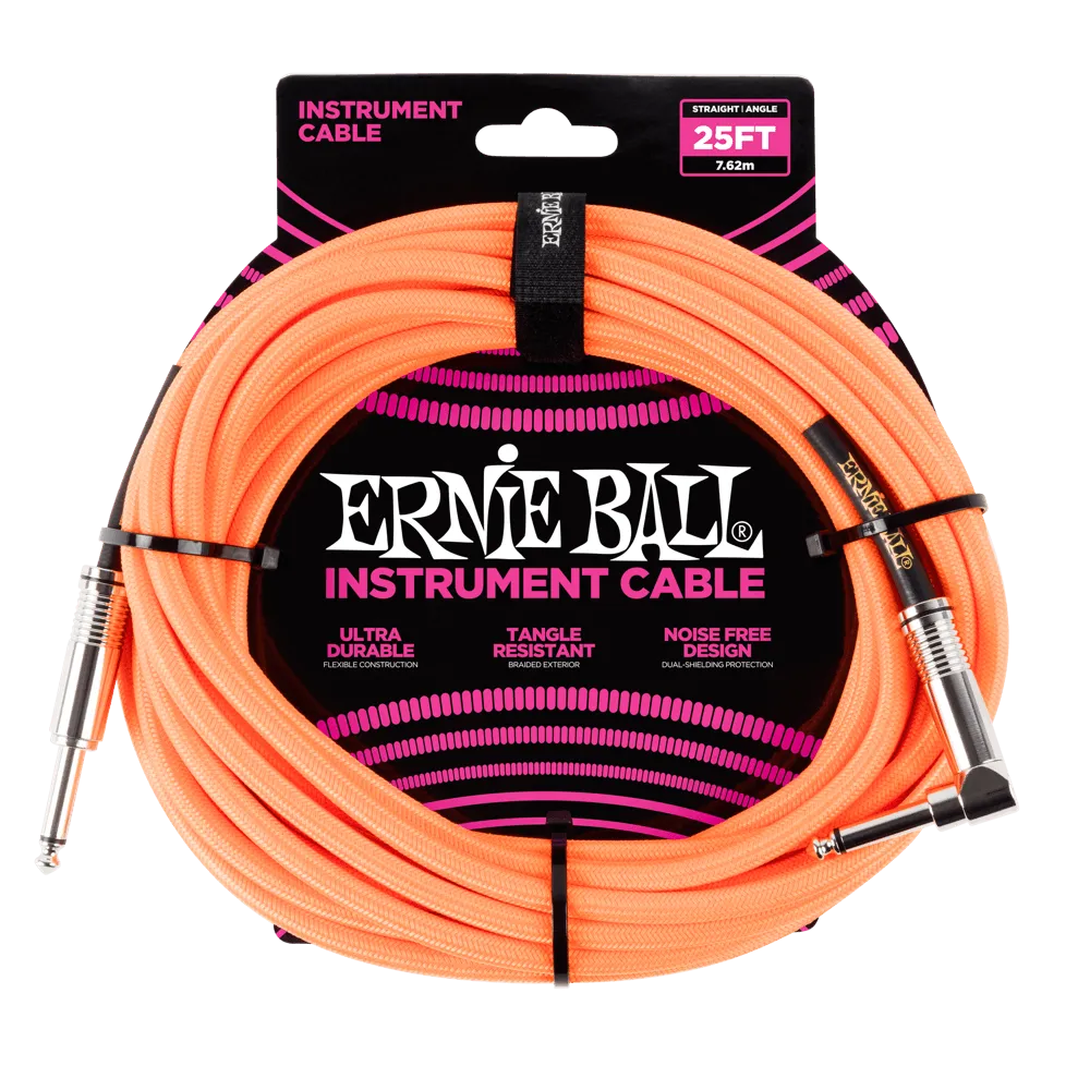 Ernie Ball 6067EB Straight/Angle Braided Cable (Neon Orange) - 25'
