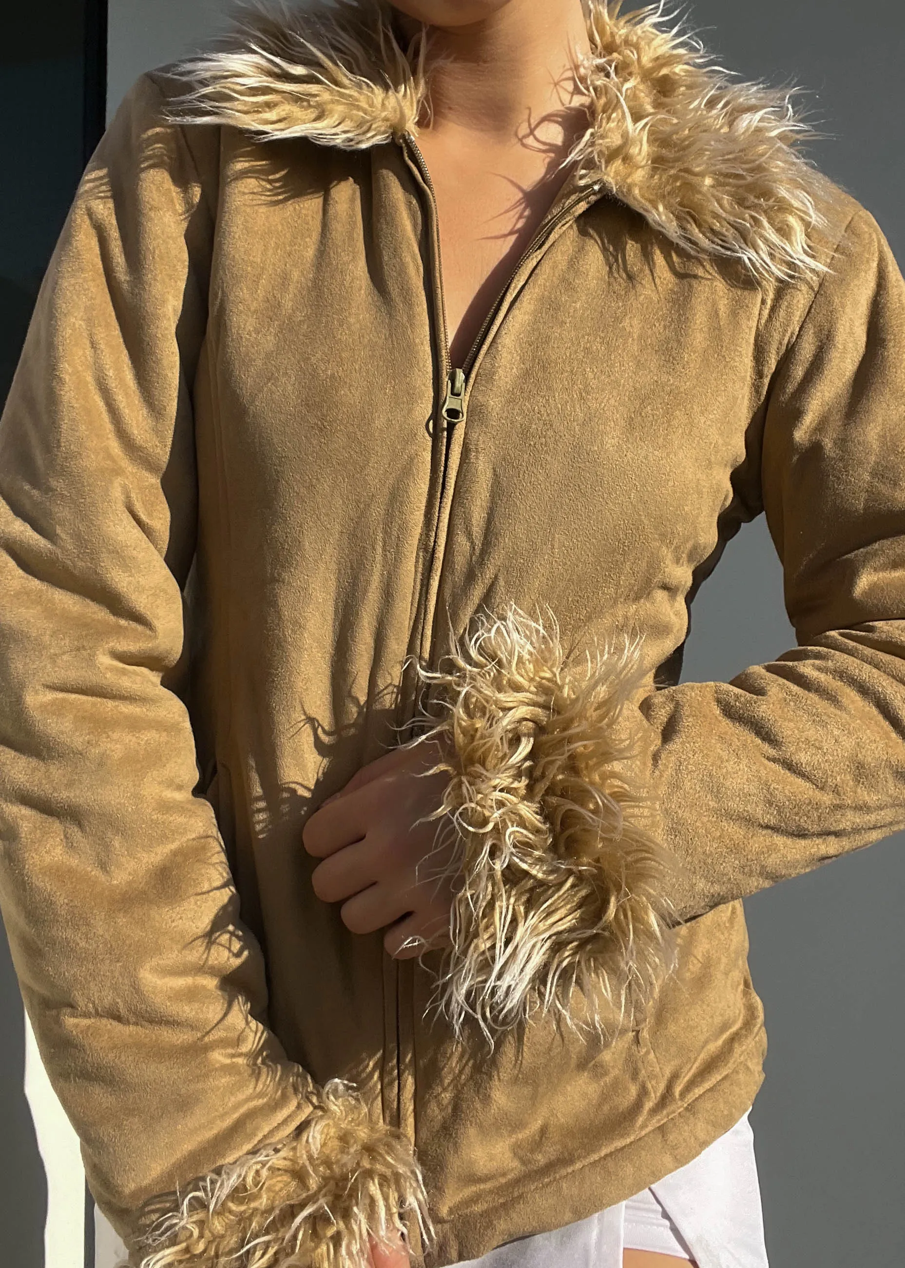Faux Suede Fur Trim Jacket (S)