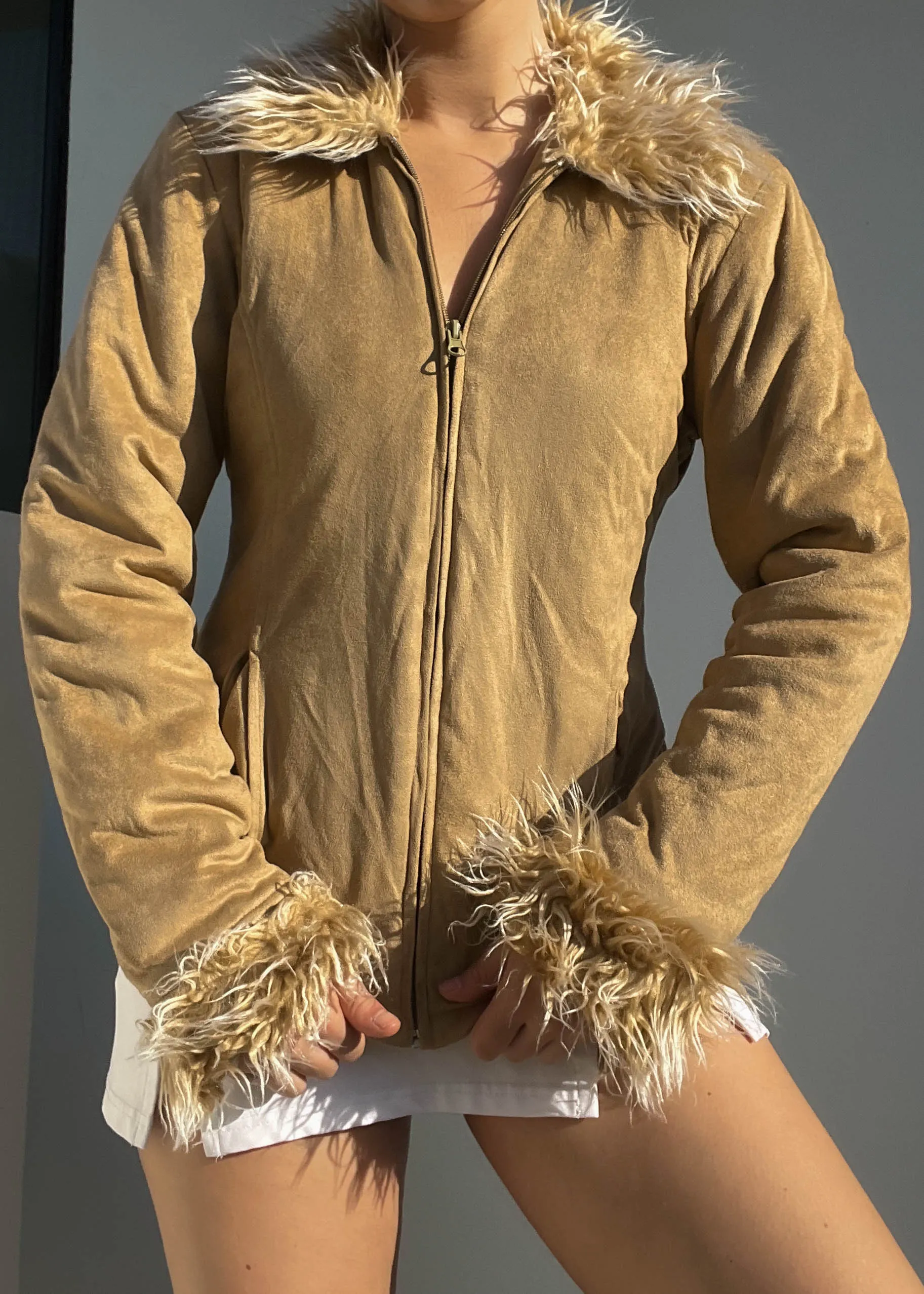 Faux Suede Fur Trim Jacket (S)
