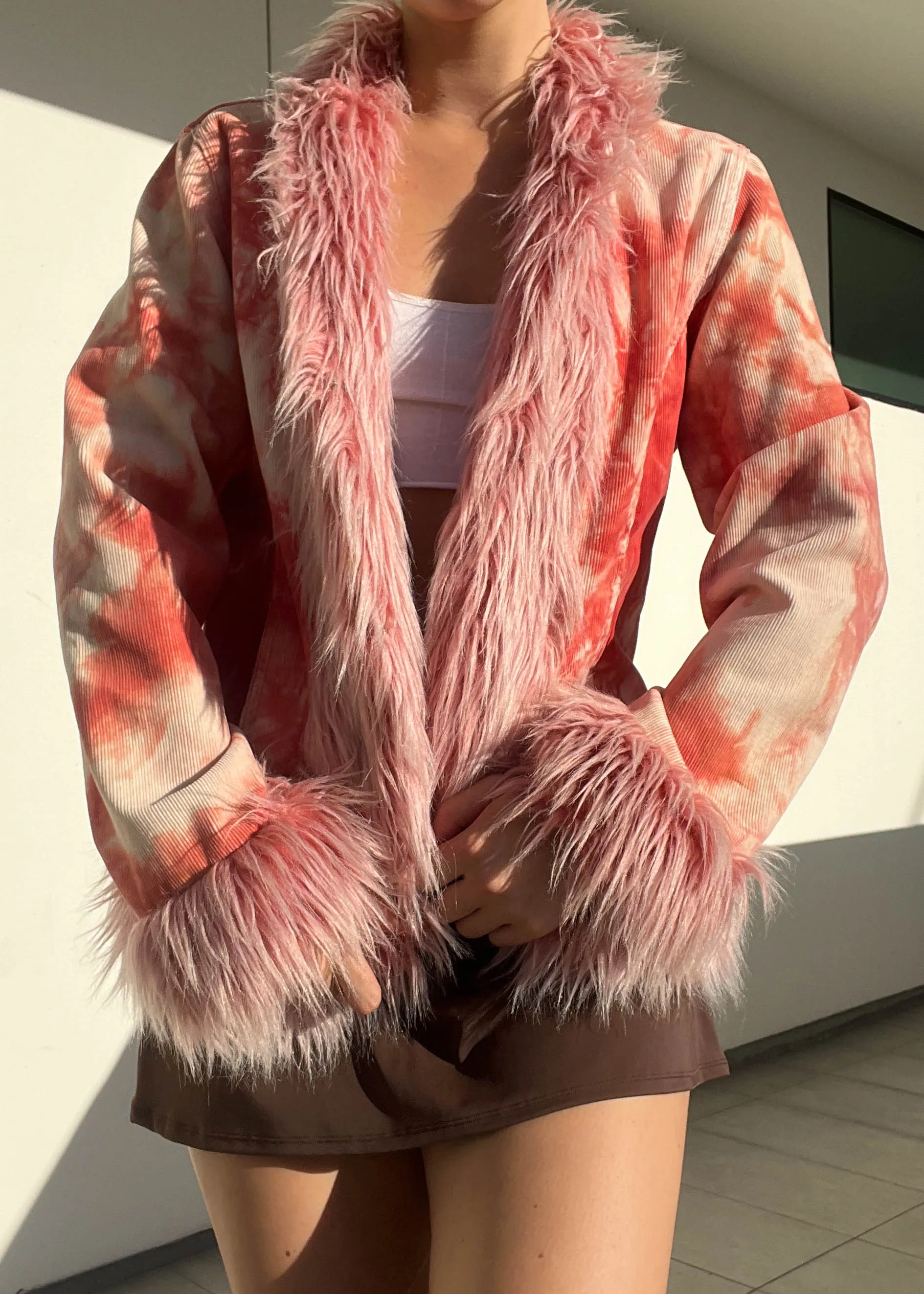 Fur Trim Tie Dye Corduroy Jacket (M)