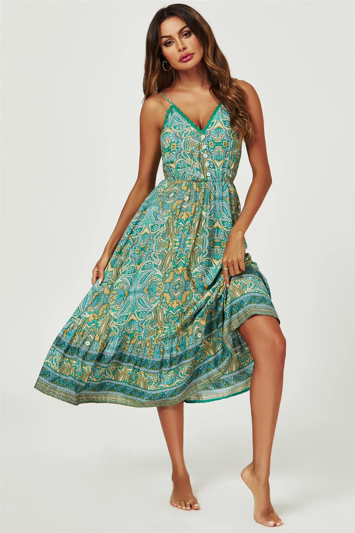 Lace Detail High Low Strappy Dress In Green