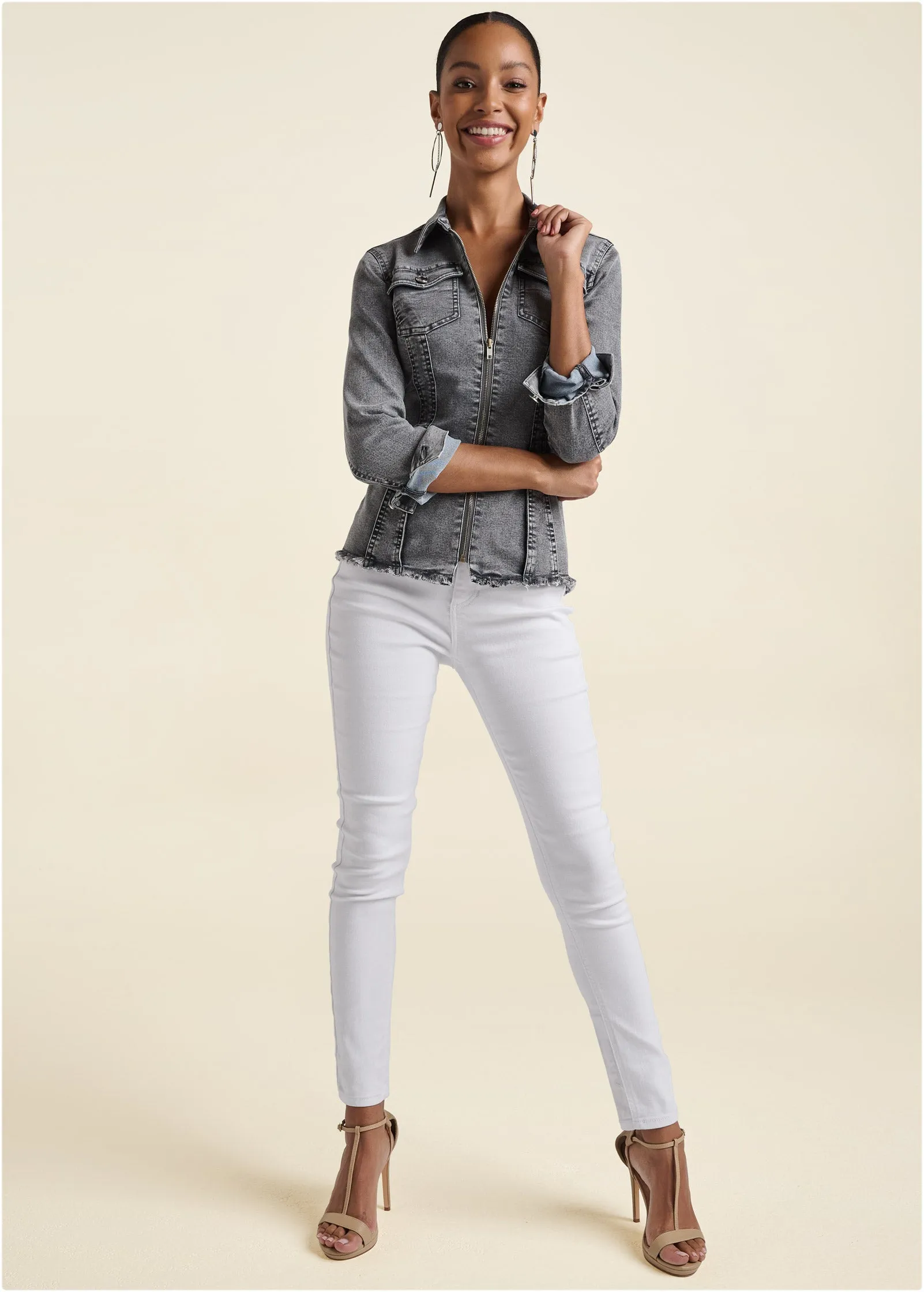 Lace-Up Back Denim Top - Grey Multi