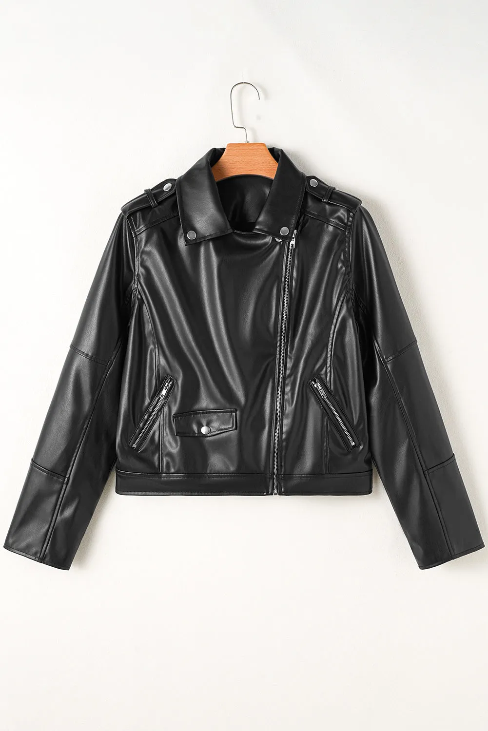 Leather Lapel Collar Zip Up Jacket
