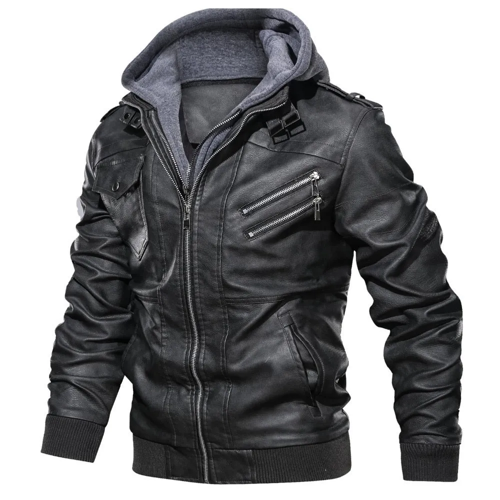 Mens Arlo Genuine Leather Hooded Bomber Jacket with Removable Hoodie