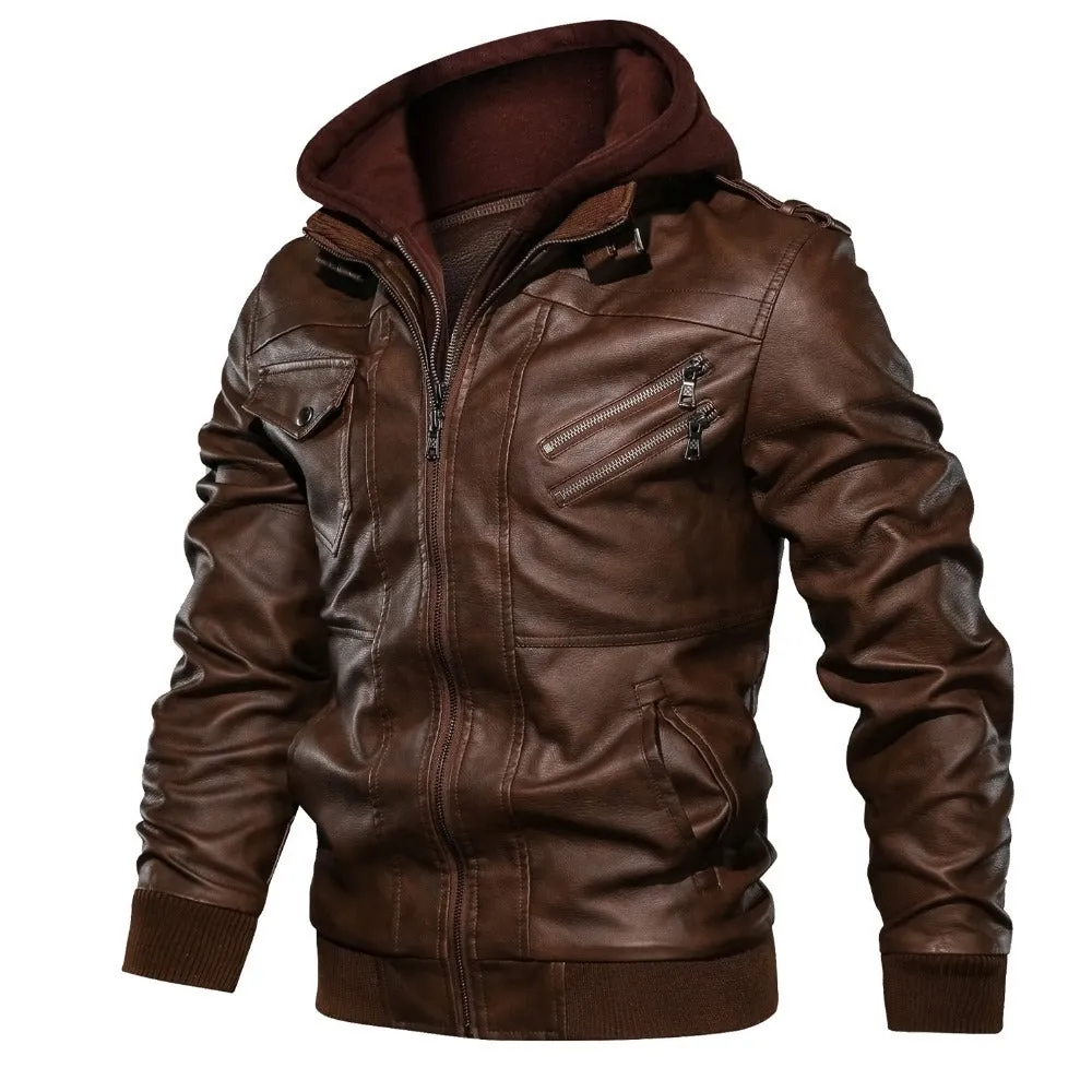 Mens Arlo Genuine Leather Hooded Bomber Jacket with Removable Hoodie