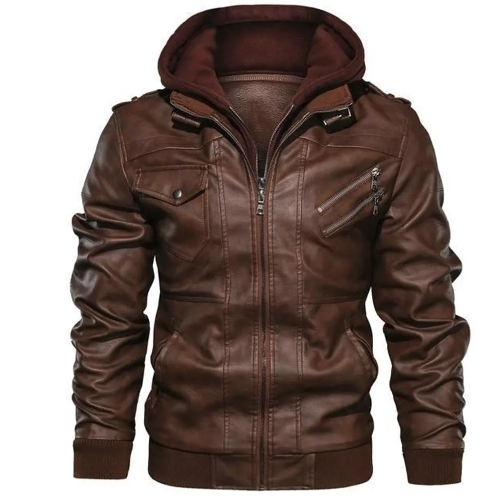 Mens Arlo Genuine Leather Hooded Bomber Jacket with Removable Hoodie