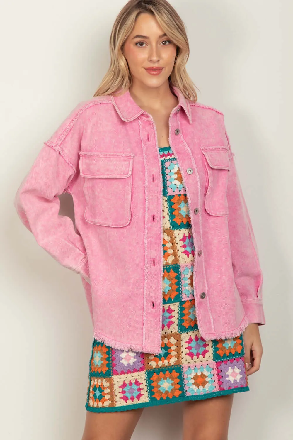 Pink Button Up Raw Hem Long Sleeve Jacket
