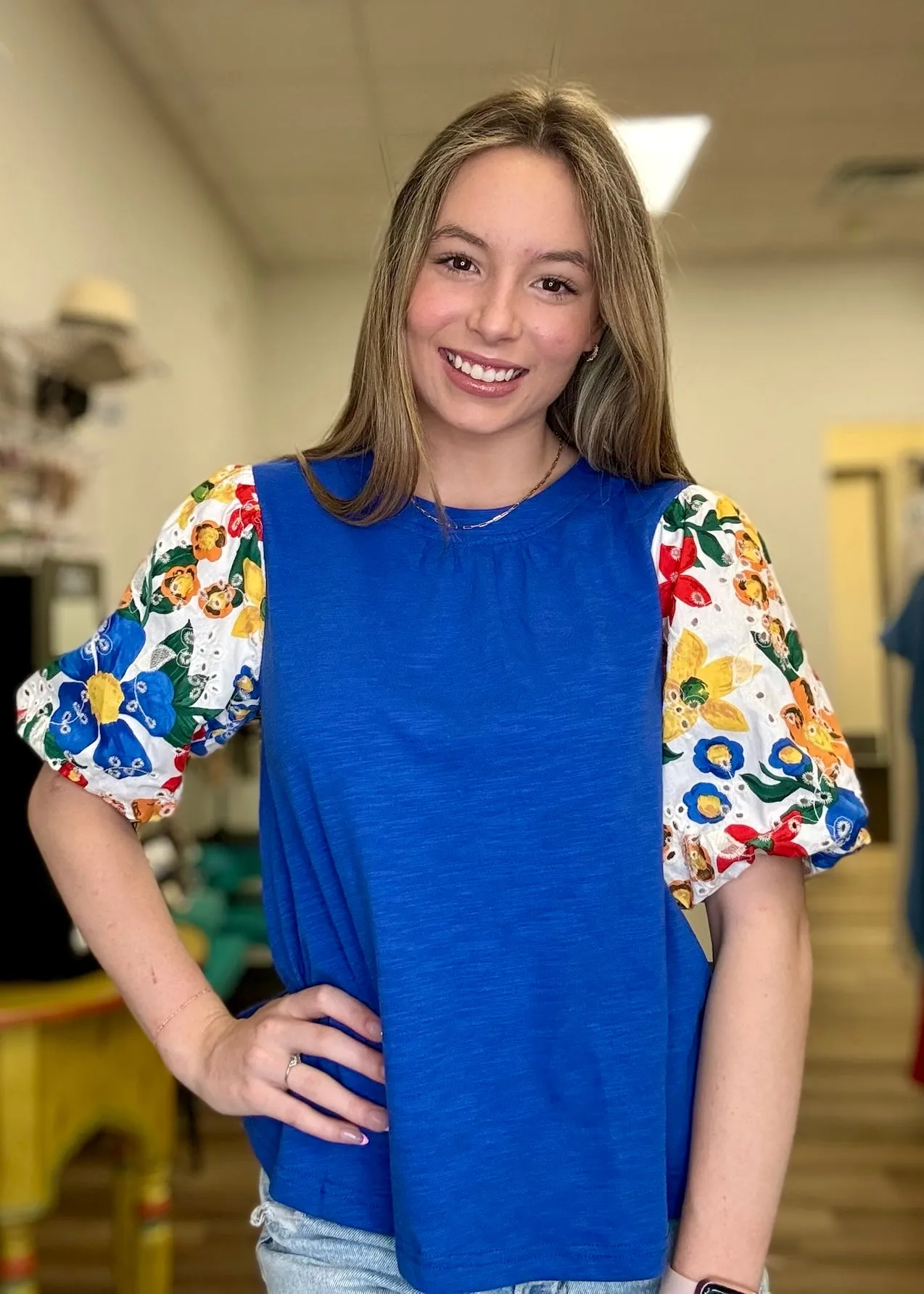 Printed Eyelet Puff Sleeve Knit Top