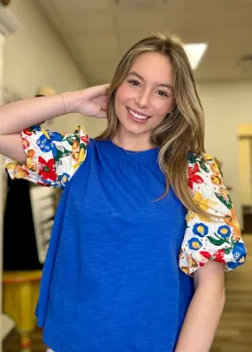 Printed Eyelet Puff Sleeve Knit Top