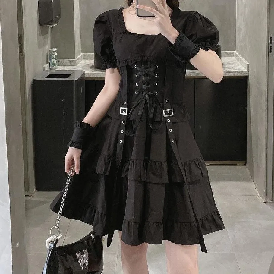 Punk Gothic Front Tie Dress, Impressive Puff Sleeve Clothes For Women
