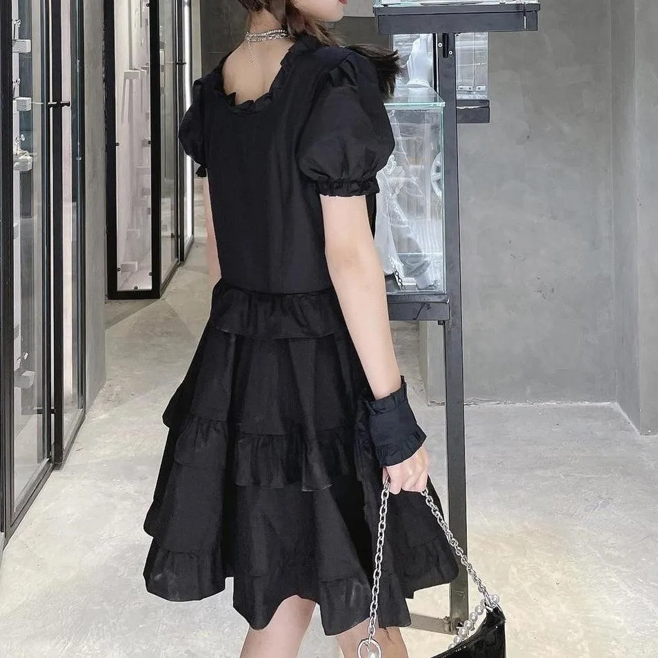 Punk Gothic Front Tie Dress, Impressive Puff Sleeve Clothes For Women