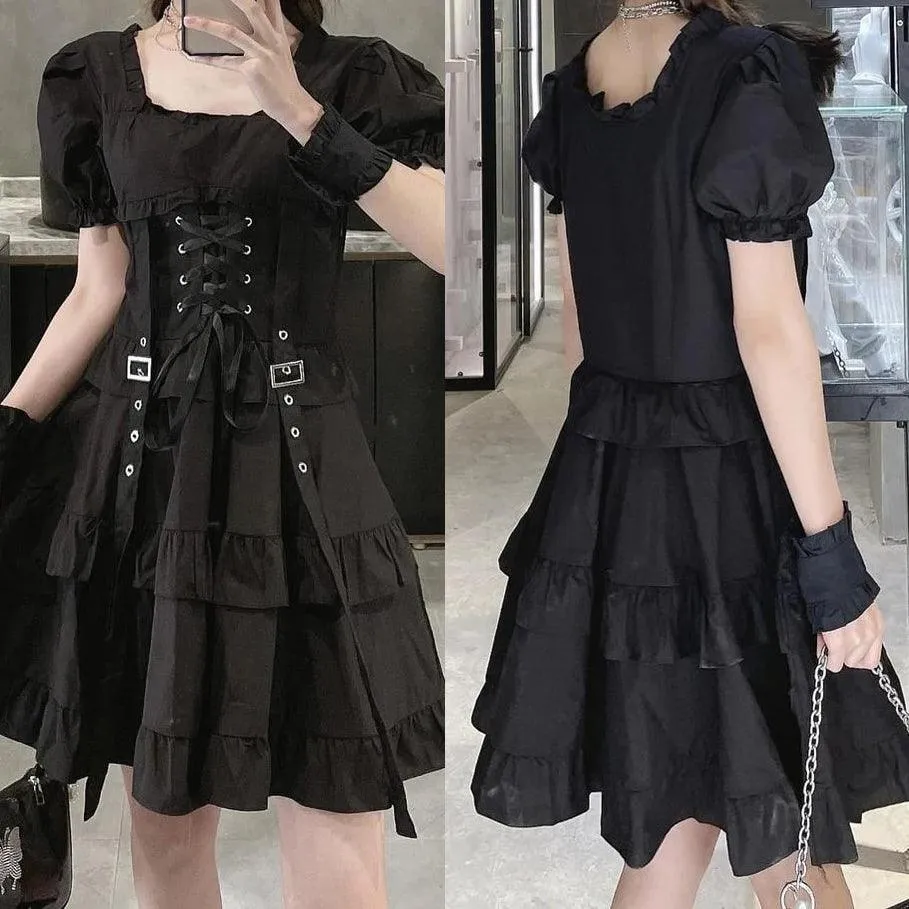 Punk Gothic Front Tie Dress, Impressive Puff Sleeve Clothes For Women