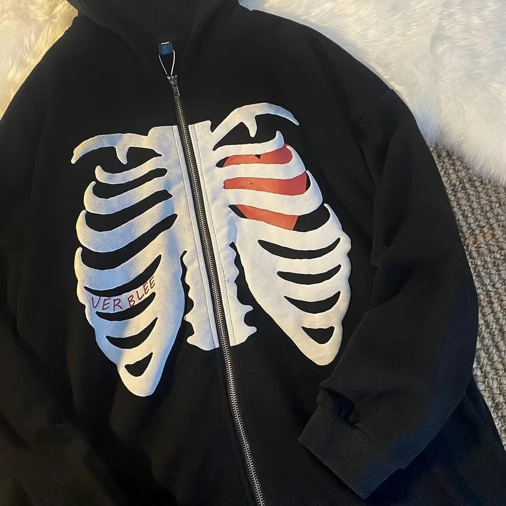 Purpdrank - Y2K Harajuku Korean Style Loose Skeleton Zip Up Hoodie Goth Grunge Long Sleeve Hooded Jacket Retro Black Oversized Sweatshirt