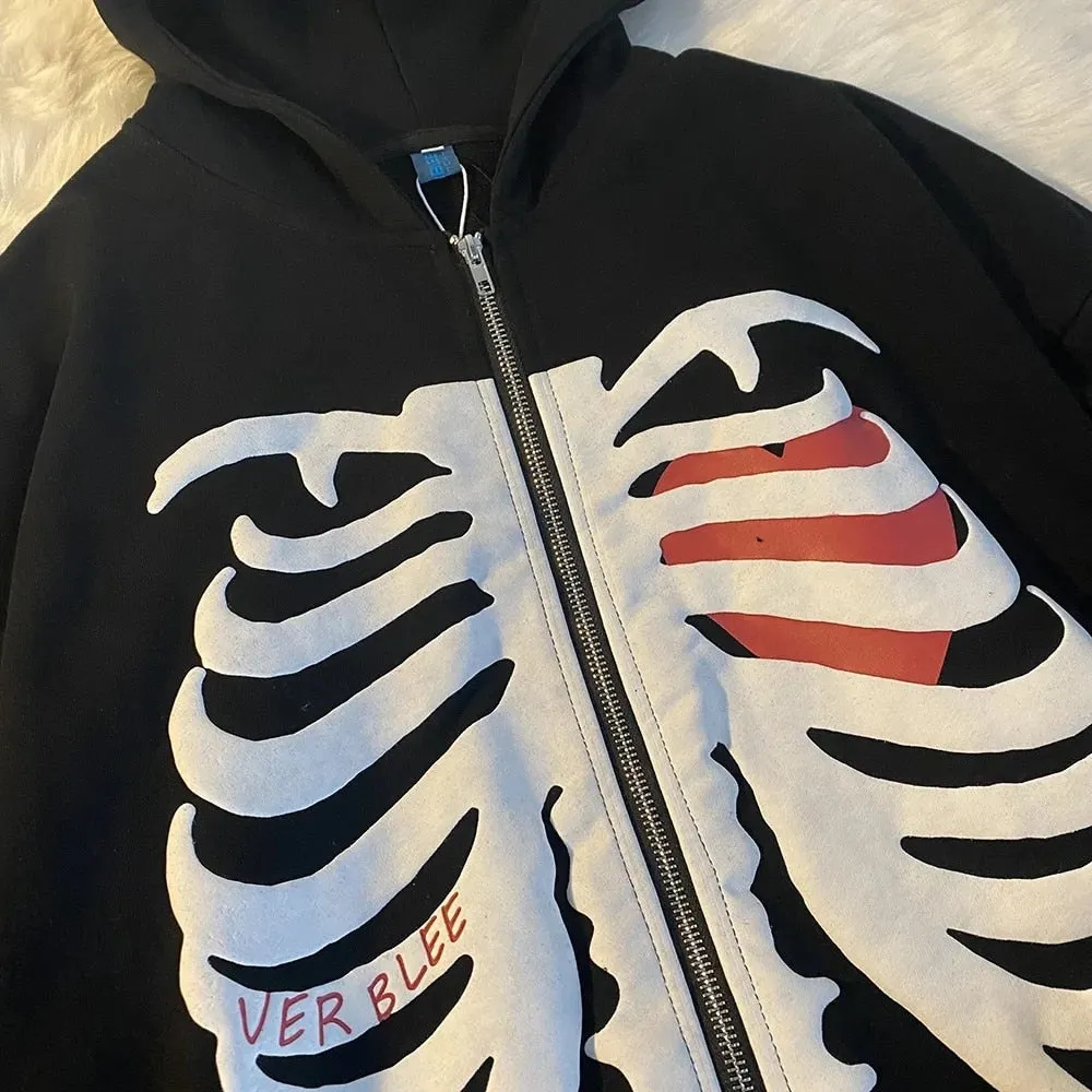 Purpdrank - Y2K Harajuku Korean Style Loose Skeleton Zip Up Hoodie Goth Grunge Long Sleeve Hooded Jacket Retro Black Oversized Sweatshirt