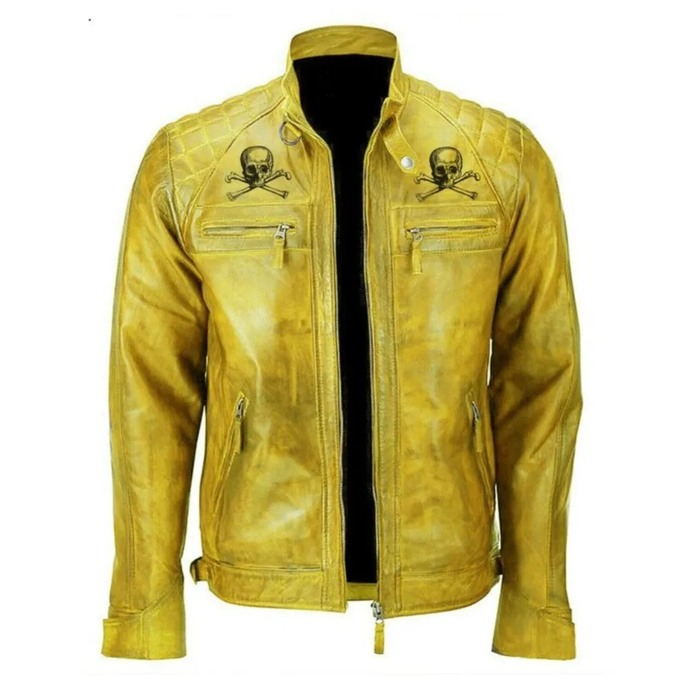 RW Authentic Sheepskin MEN’S DEVIL SKULL VINTAGE BIKER MOTORCYCLE DISTRESSED YELLOW LEATHER JACKET
