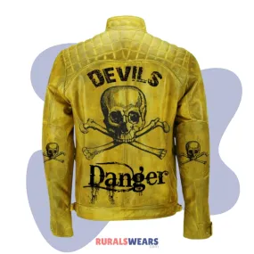 RW Authentic Sheepskin MEN’S DEVIL SKULL VINTAGE BIKER MOTORCYCLE DISTRESSED YELLOW LEATHER JACKET